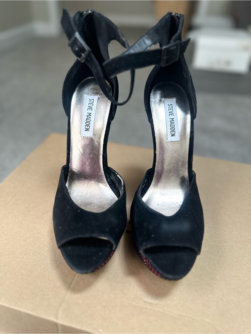 Steve Madden Black Suede Peep-Toe Ankle Strap Heels